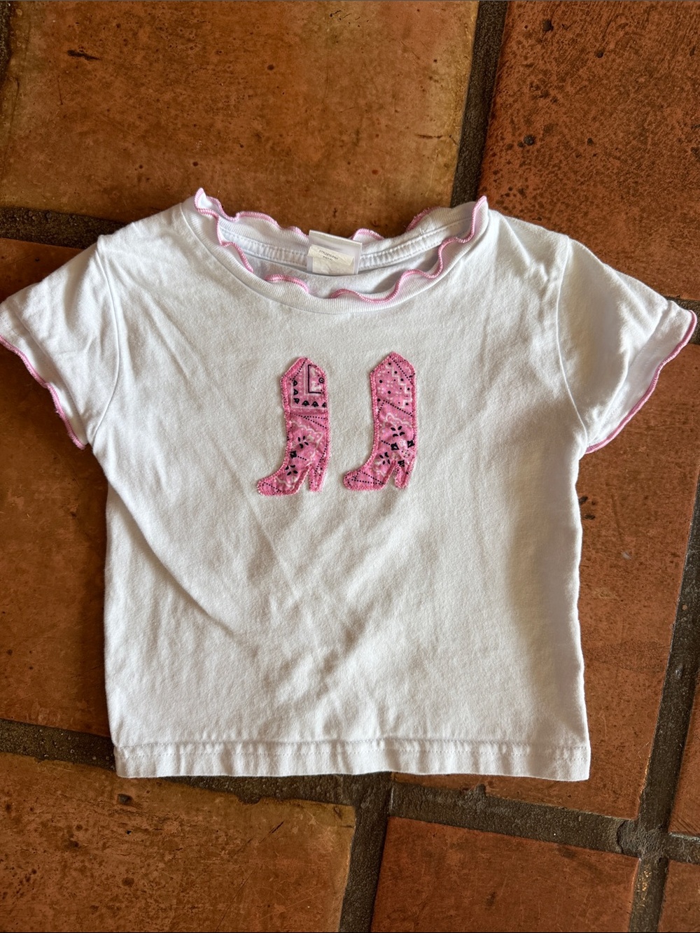 Girls' White Short-Sleeve Tee with Pink Boot Appliqués